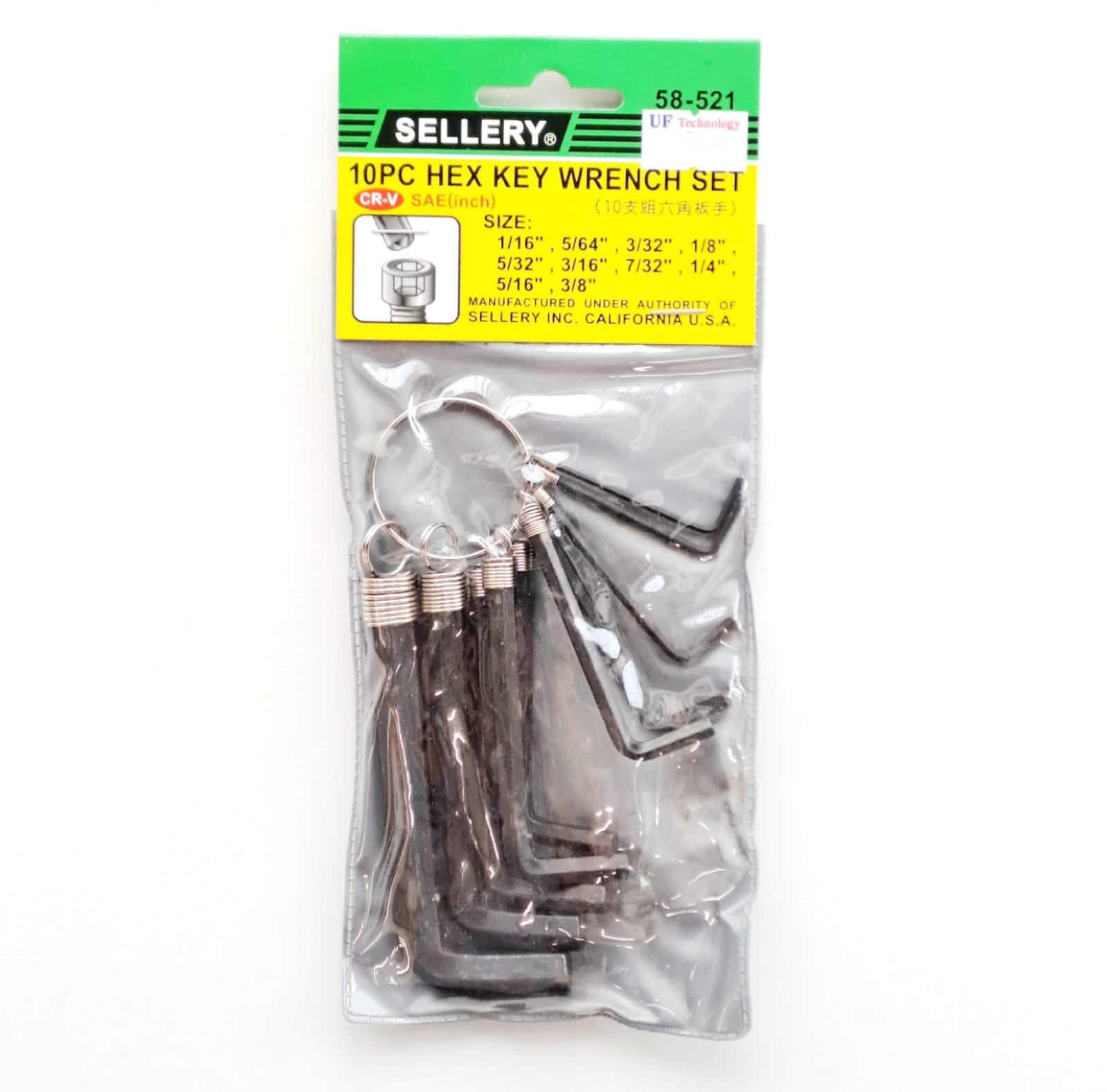 Sellery 58-521 10pc Hex Key Wrench Set (CR-V), Size: 1/16, 5/64, 3/32, 1/8, 5/32, 3/16, 7/32, 1/4, 5/16, 3/8