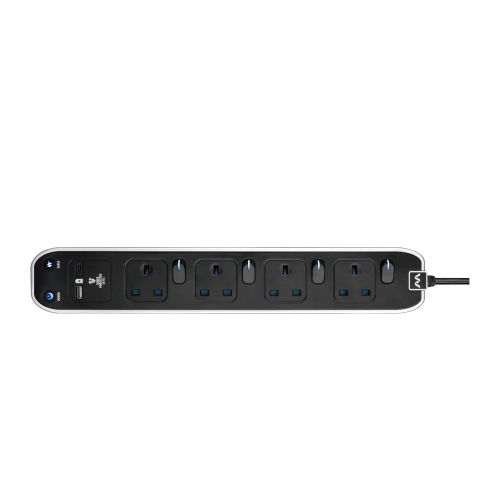 Masterplug Individually 4 Gang Switched Surge Extension With USB A/C 3M Black