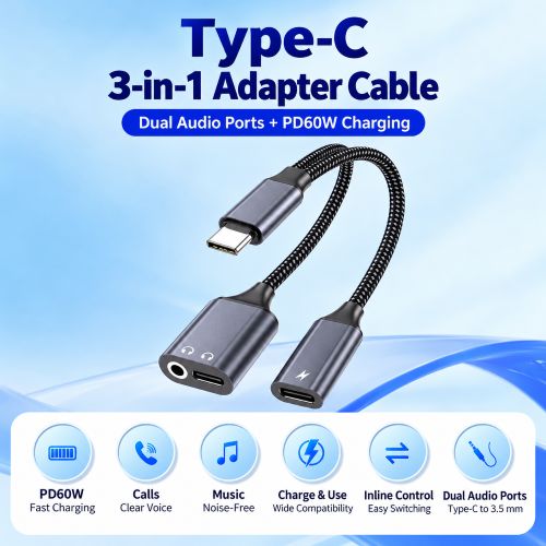 Type C 3-in-1 (PD 60W+3.5mm+Type C Audio)