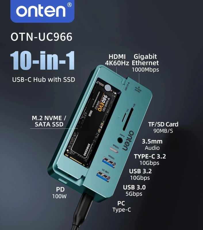 onten 10 Ports USB-C M.2 Solid State Drive Box Expansion Dock (4K60Hz HDMI, Gigabit RJ45, USB3.2 Gen2, USB-C 10 Gbps, USB3.2 Gen1, SD3.0, TF3.0, 3.5mm Jack, USB-C PD100W, M.2 SSD Enclosure)