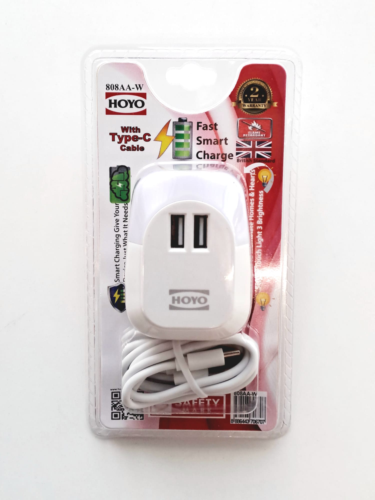 Hoyo 2 USB Ports Charger with White Night Light (Type C cable included)