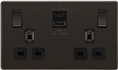 British General Double Switched 13A Power Socket + 45W USB C + USB A Black Nickel - Black Insert