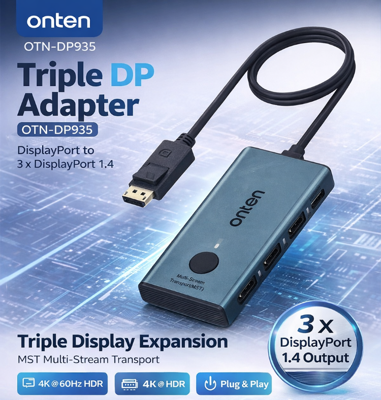 onten Triple DP 4K60Hz MST & Splitter with Instant Screen-Off