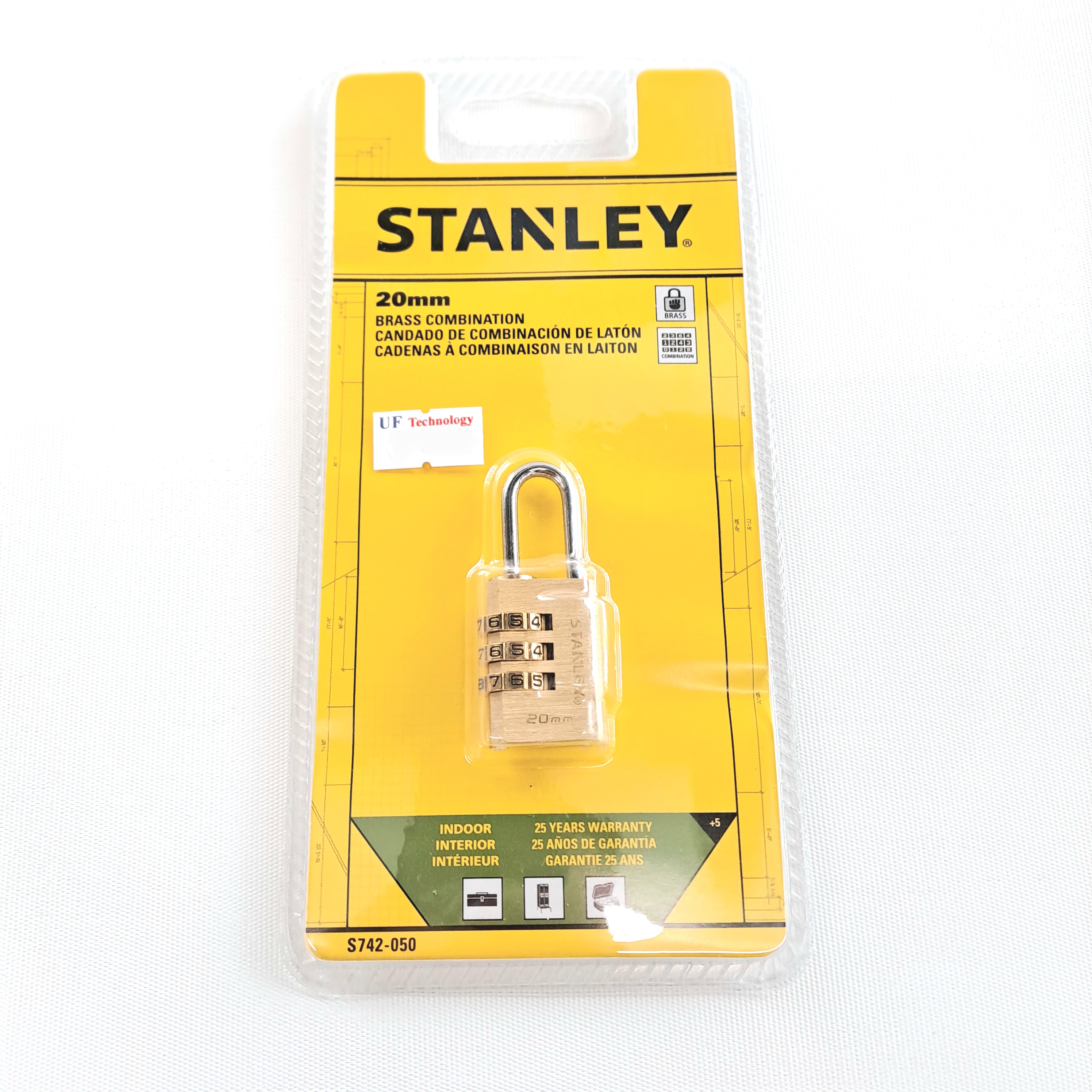 Stanley 20mm Solid brass combination padlock 3 Dig (70343)