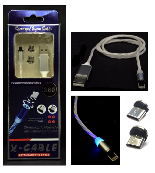 3 in 1 Glowing Magnetic Charging Cable (Lightning, Type C, Micro USB) 1m