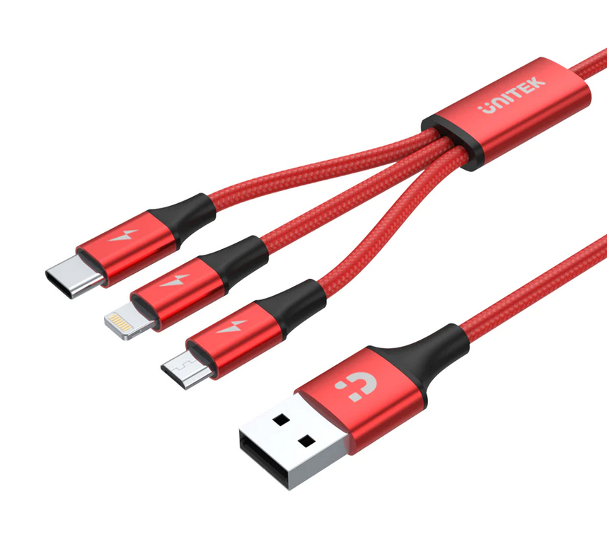 Unitek USB-A 3-in-1 (Lightning + USB-C + Micro USB) Multi Charging Cable (Red) 1.2M