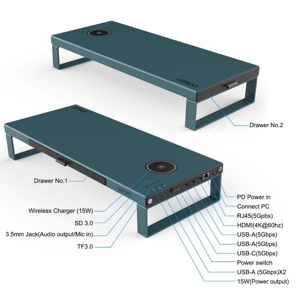 onten USB-C Monitor Stand Docking Station (4K60Hz HDMI + 5Gbps RJ45 + 4xUSB3.0 + USB-C + SD + TF + 100W PD + USB-C 15W + 3.5mm Audio + 15W Wireless Charger)