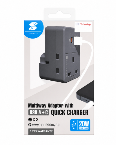 Soundtech 3Ways Adaptor with USB A+C Quick Charger (Dark Grey)