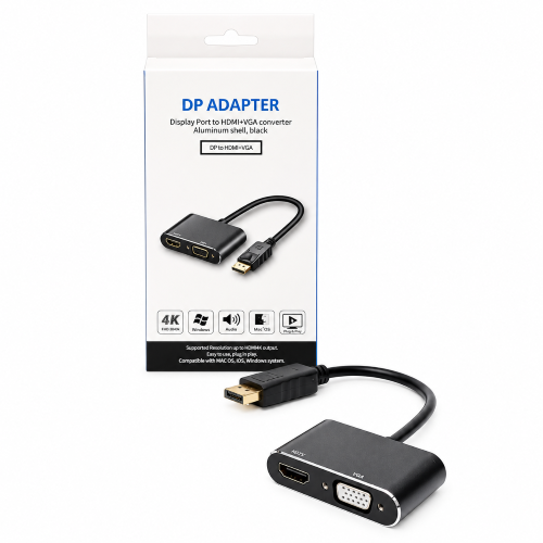 DP M to HDMI F + VGA F + 3.5mm Audio F Adapter