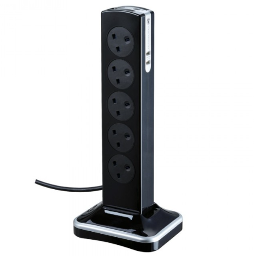 Masterplug 13A 10 Socket Surge Tower + 2x3.1A USB, 3M BK