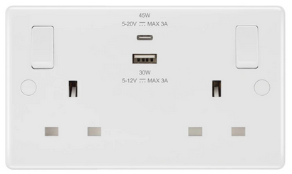 British General Double Switched 13A Power Socket + 45W USB C + USB A