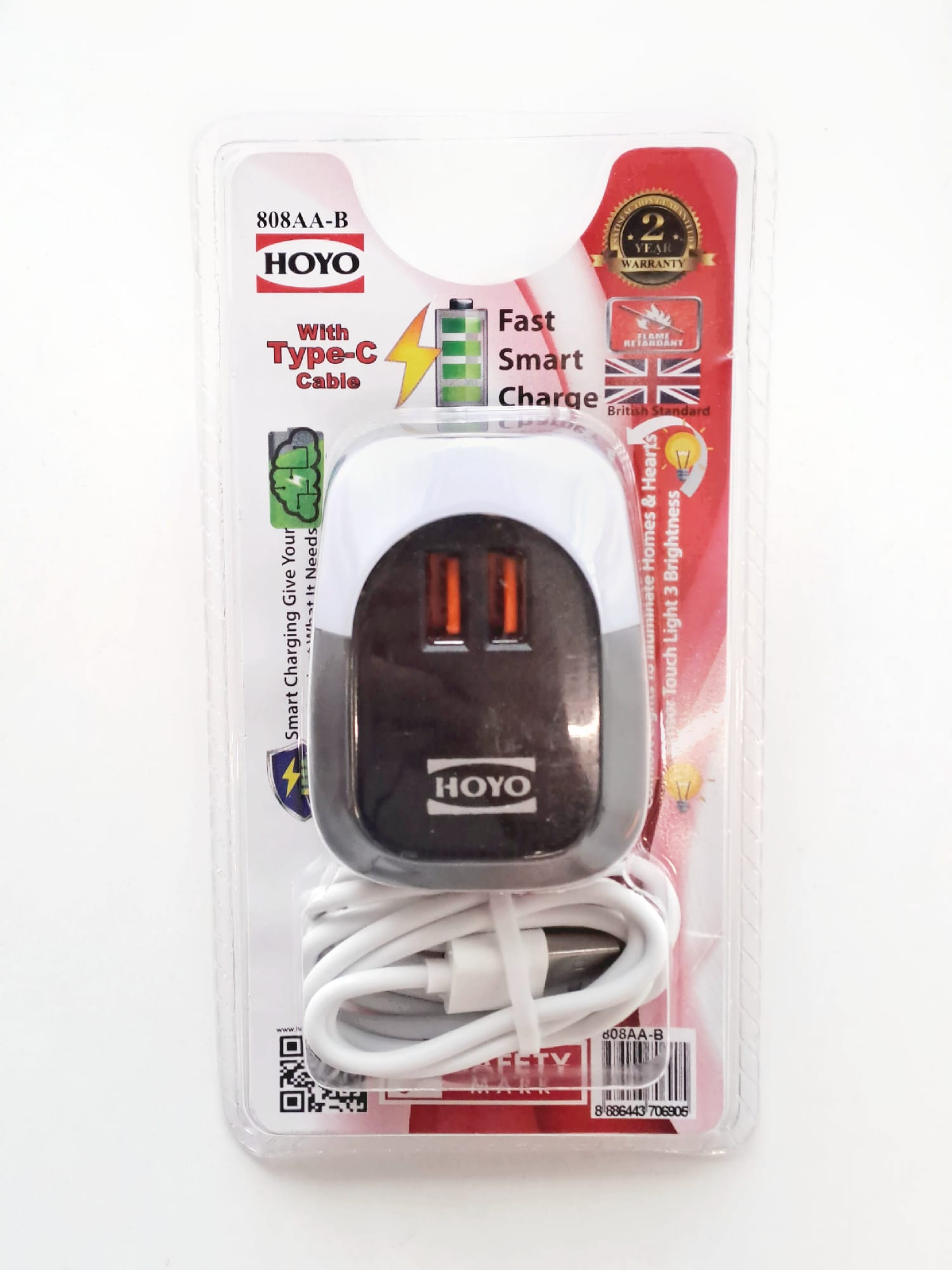 Hoyo 2 USB Ports Charger with White Night Light (Type C cable included)