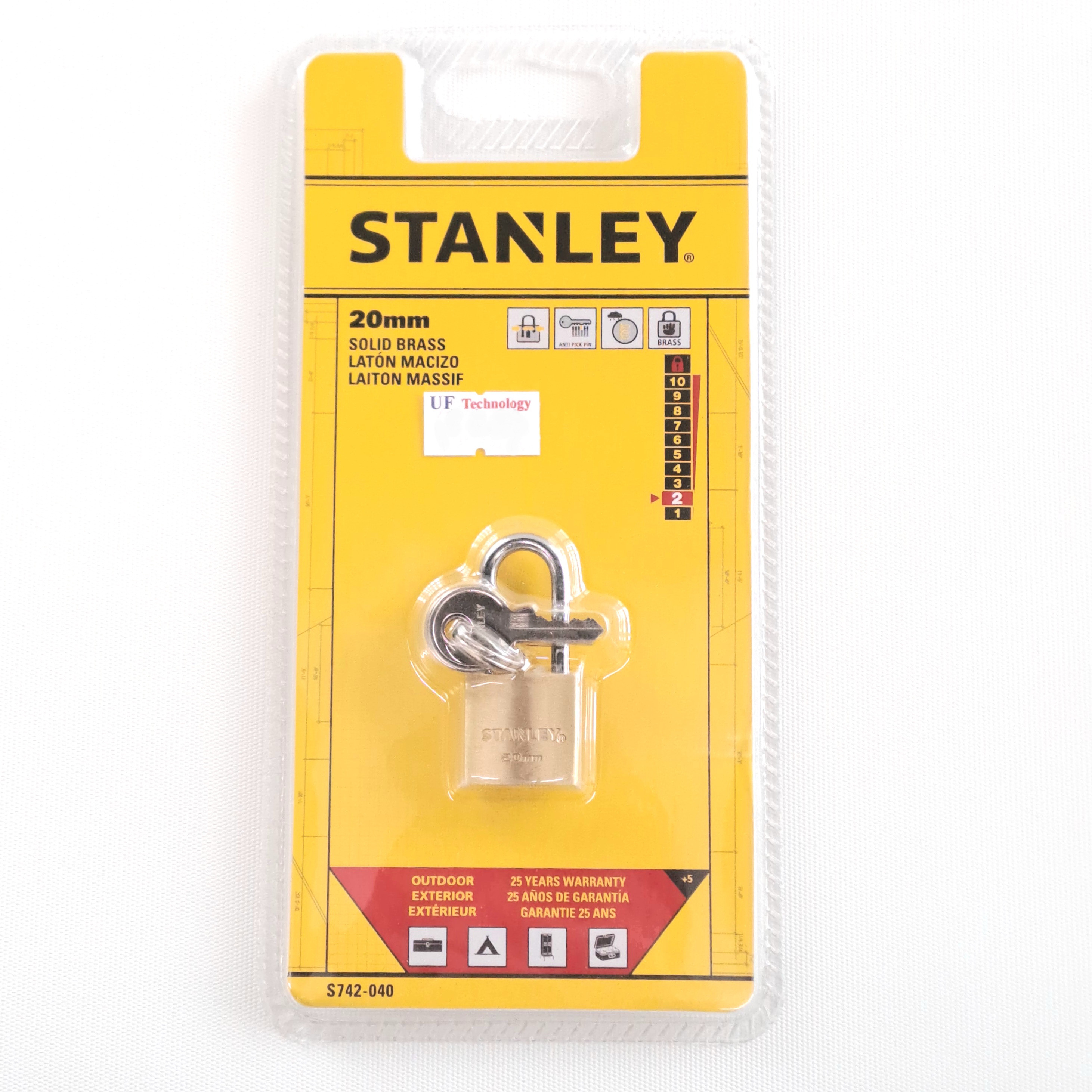 Stanley 20mm Solid brass long shackle padlock (70244)