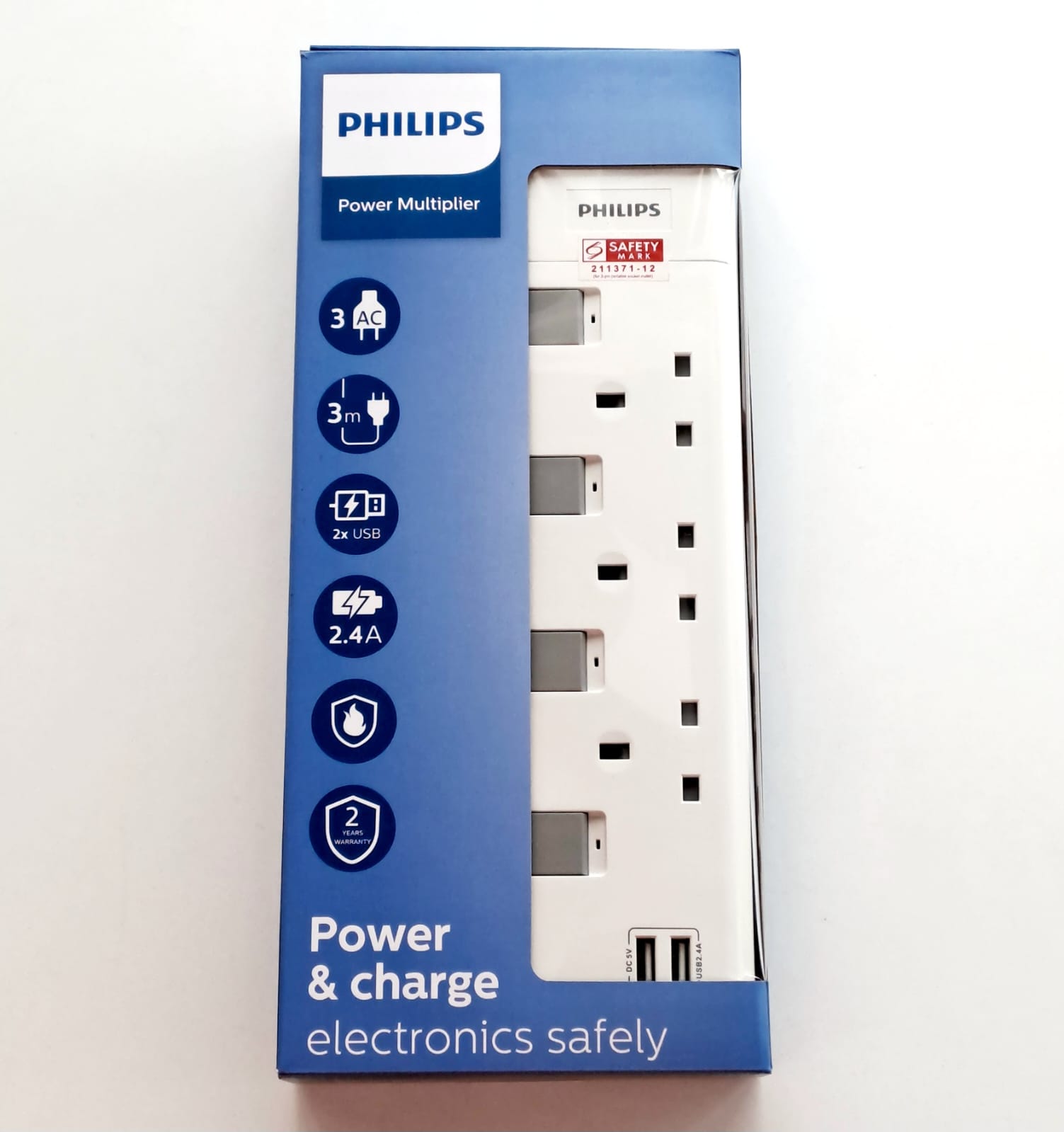 Philips 3 Way Extension Socket with Individual Switch + 2xUSB-A 3m