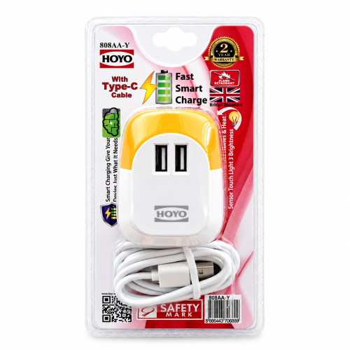 Hoyo 2 Port USB Wall Charger with Yellow Night Light (Type C cable included)