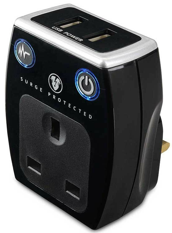 Masterplug Plug with Surge Protection w 2 USB Charger (2.1A), BK