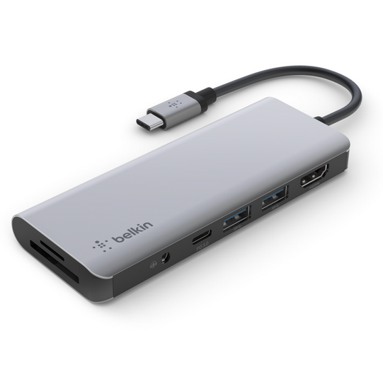 Belkin USB-C 7-in-1 Multiport Hub Adapter (PD100W + 2xUSB3.2 + 4K30Hz HDMI + SD + MicroSD + 3.5mm Audio)