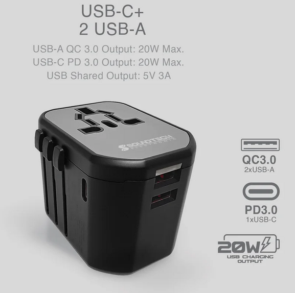 Soundtech Travel Adaptor with 20W USB A+C Quick Charger
