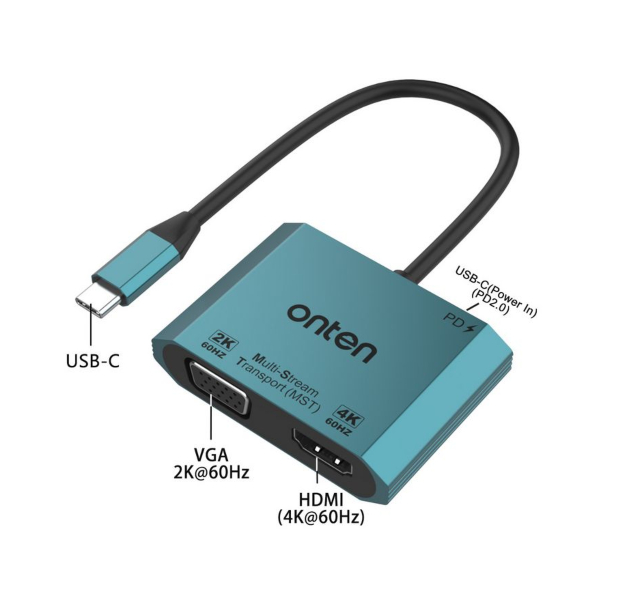 onten USB-C to 4K@60Hz HDMI & VGA MST Adapter with PD Charge