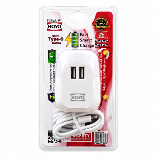 Hoyo 2 Port USB Wall Charger with White Night Light (Type C cable included)