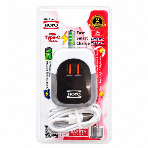 Hoyo 2 Port USB Wall Charger with White Night Light (Type C cable included)