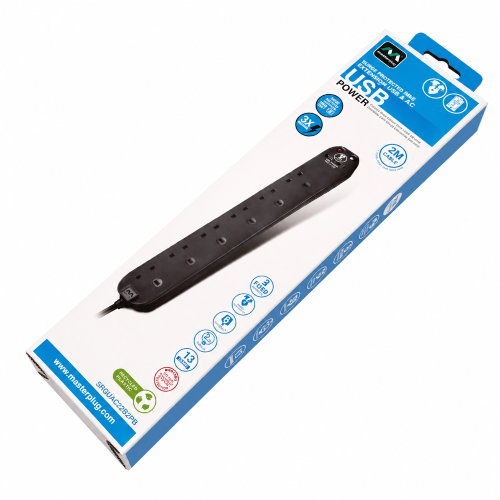 Masterplug Surge Extension Lead Fast Charge USB A & C, 6 Sockets, 2M Black