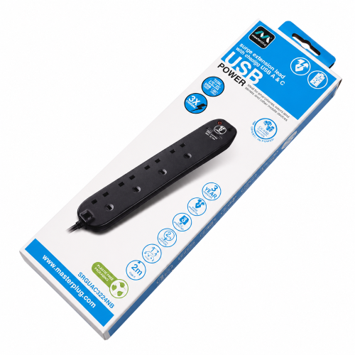 Masterplug Surge Extension Lead Fast Charge USB A & C, 4 Sockets, 2M Black