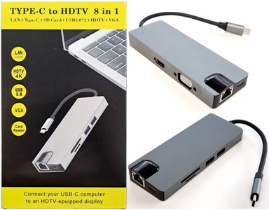 Type C 8-in-1 Hub (1000Mbps RJ45 + USB-C + SD + MicroSD + 2xUSB3.0 + 4K HDMI +VGA)