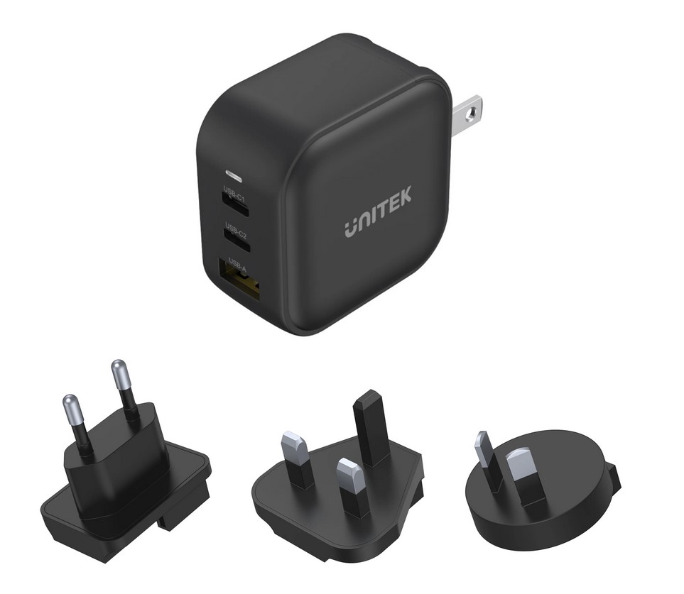 Unitek TRAVEL TRI GaN 3 Ports 66W Charger with USB PD and QC 3.0 in Black (Travel Charger)