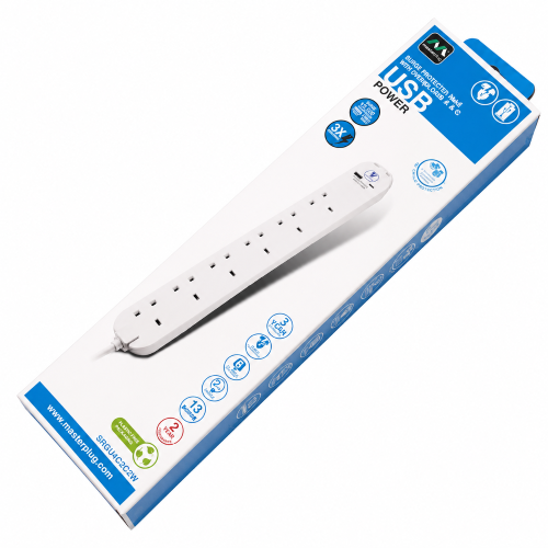 Masterplug Surge Extension Lead Fast Charge USB A & C, 6 Sockets, 2M White