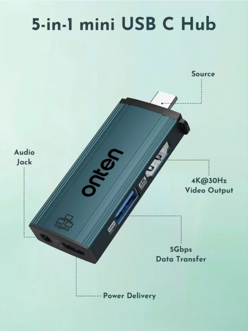 onten 5-in-1 USB-C Mini Dock (HDMI 4K30Hz + USB3.0 + PD100W + 3.5mm Audio)