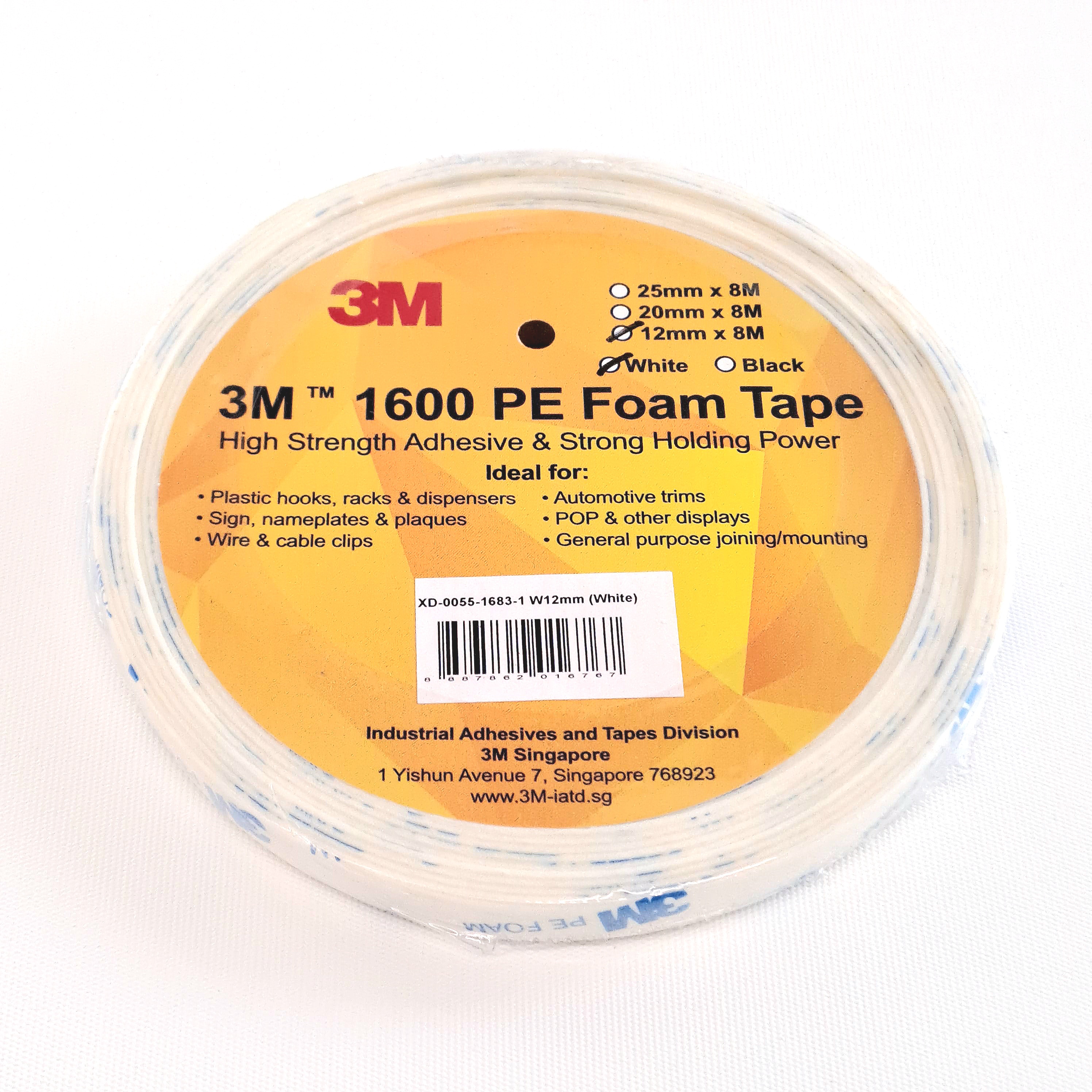 3M 1600 PE Foam Tape White 12mm x 8m