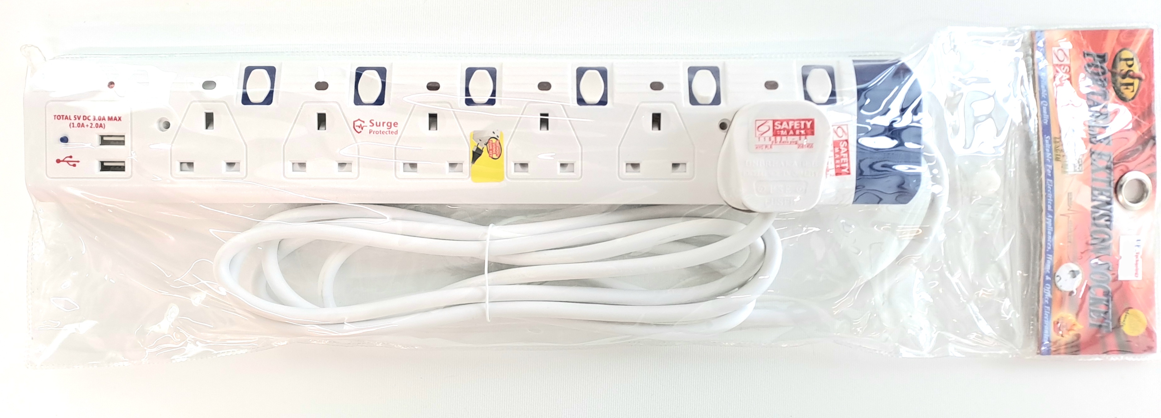 PSE Portable Extension Socket 6 Way 3m c/w 2 USB and Surge Protection