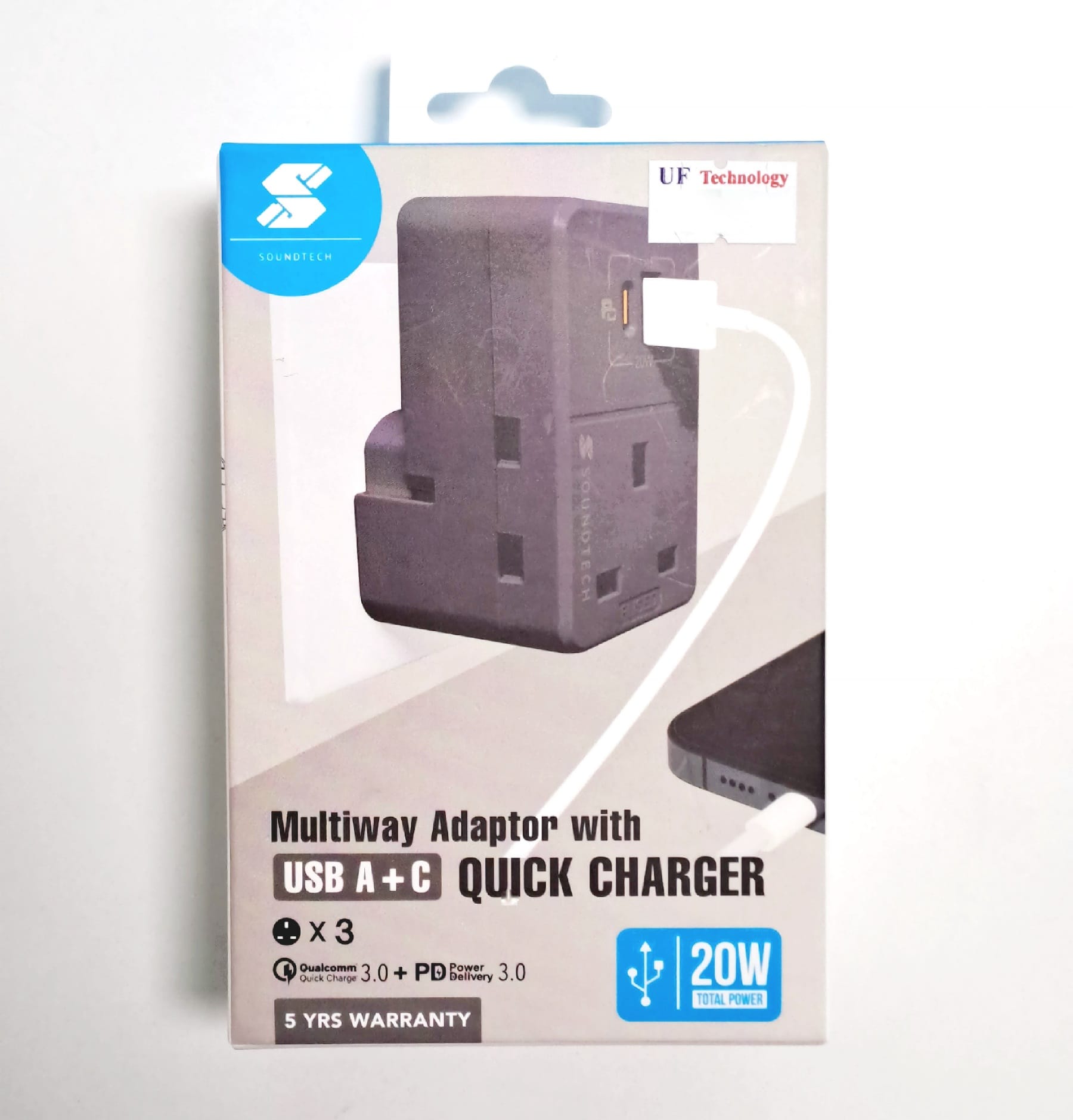 Soundtech Multiway Adaptor with USB A+C Quick Charger (Dark Grey)