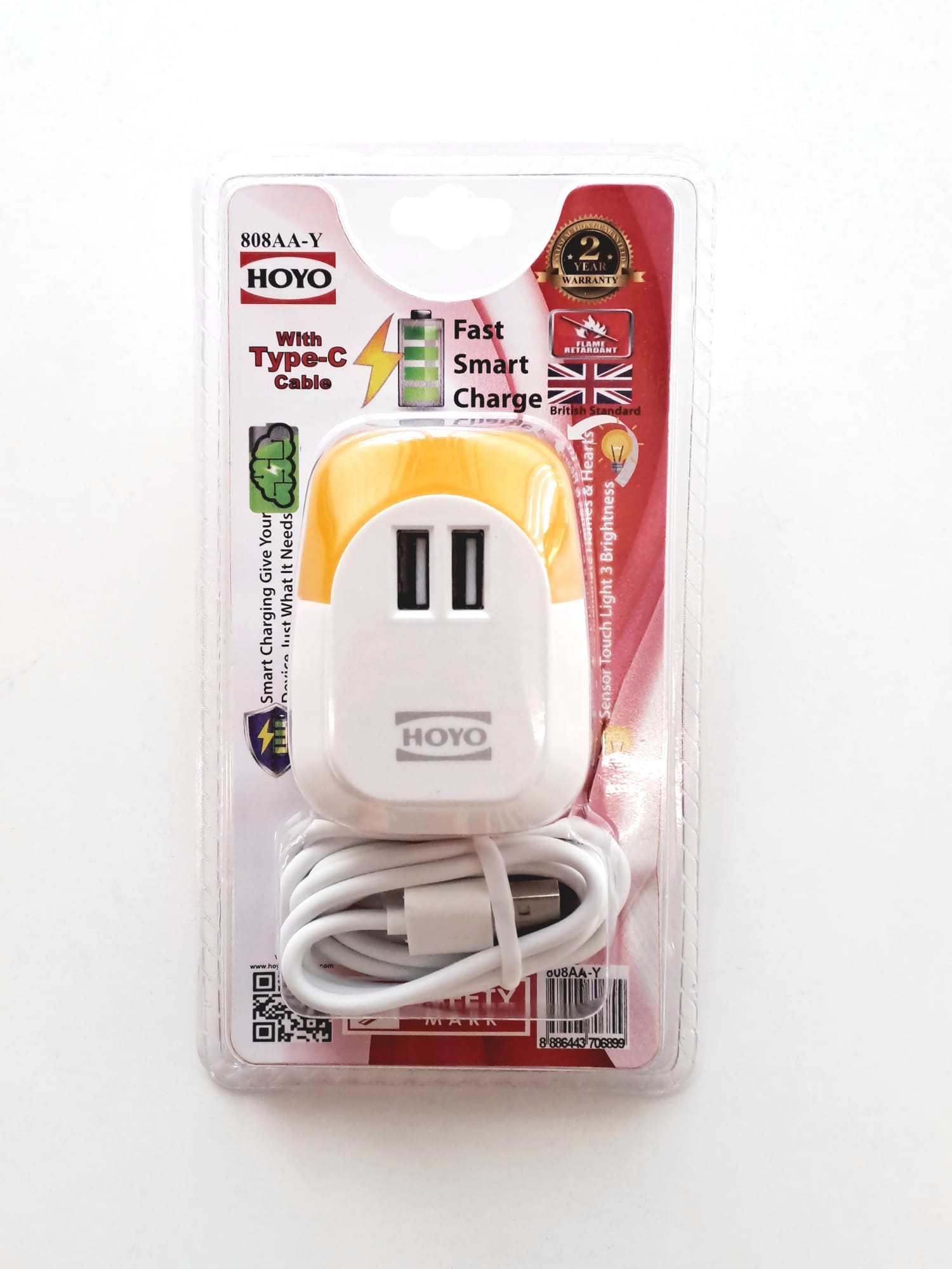 Hoyo 2 USB Ports Charger with Yellow Night Light (Type C cable included)