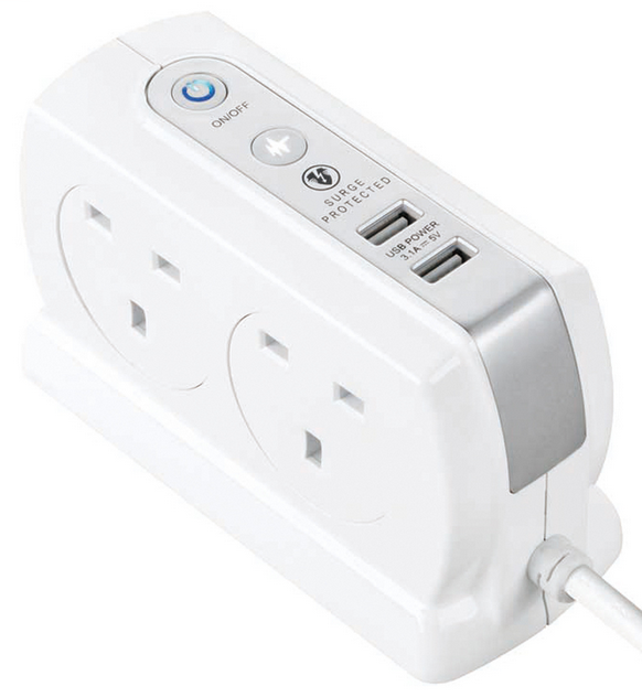 Masterplug Surge Protection w 2 x 3.1A USB, 4 Sockets, 3m, WH