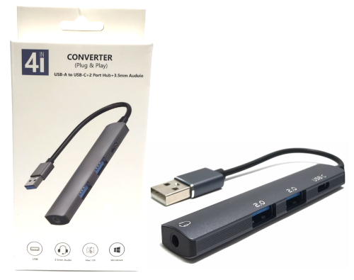 USB 2.0 4-in-1 Hub (1xType C + 2xUSB 2.0 + 1x3.5mm Audio)