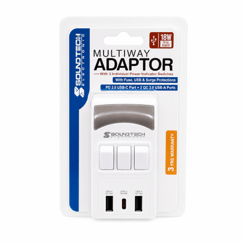 Soundtech Multiway Adaptor with 3 Individual Indicator Switches (PD 3.0 USB-C + 2 QC 3.0 USB-A)
