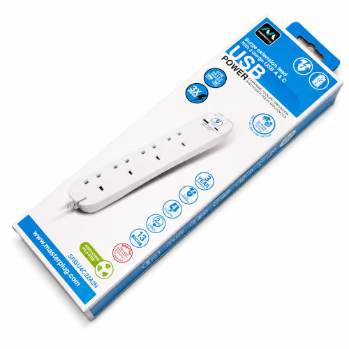 Masterplug Surge Extension Lead Fast Charge USB A & C, 4 Sockets, 2M White