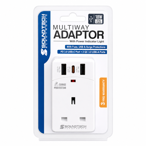 Soundtech Multiway Adaptor with Power Indicator Light (PD 3.0 USB-C + 2 QC USB-A)