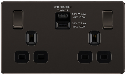 British General Double Switched 13A Power Socket + 1 x USB A (2.4A) + 1 x USB C (3A) Sockets (4.2A Total) Black Nickel - Black Insert