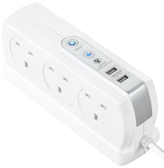 Masterplug Surge Protection w 2 x 3.1A USB, 6 Sockets, 3m, WH