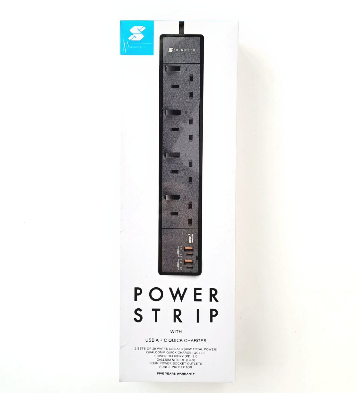 Soundtech 4 Way Power Strip with 2 sets of 20Watts USB A+C Quick Charger
