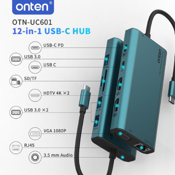 onten 12-in-1 USB-C Hub (2x4K30Hz HDMI + Gigabit RJ45 + VGA + 3xUSB3.0 + USB-C + PD3.0 + SD + TF + 3.5mm Audio)