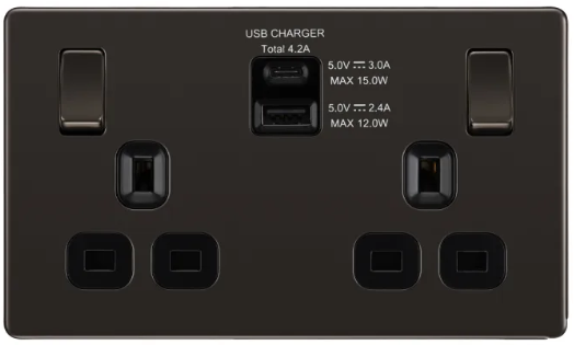 British General Double Switched 13A Power Socket + 45W USB C + USB A Black Nickel - Black Insert