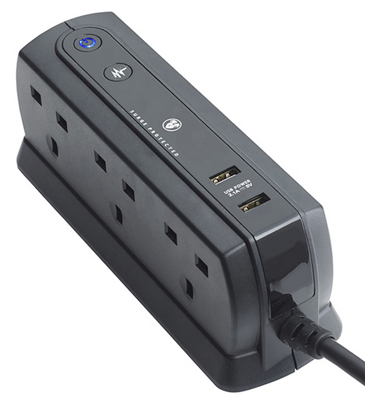 Masterplug 13A 6 Socket w Surge, 2M w 2 USB Charger (2.1A) BK