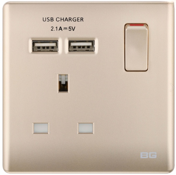 British General NSL 13Amp 1 Gang SW Socket +2xUSB (2.1A) CHAMP